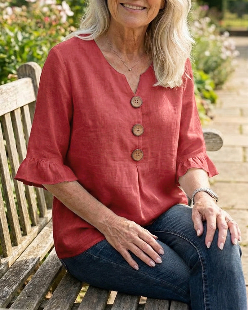 Sofía | Blusa lisa de algodón y lino con botones de madera y volantes