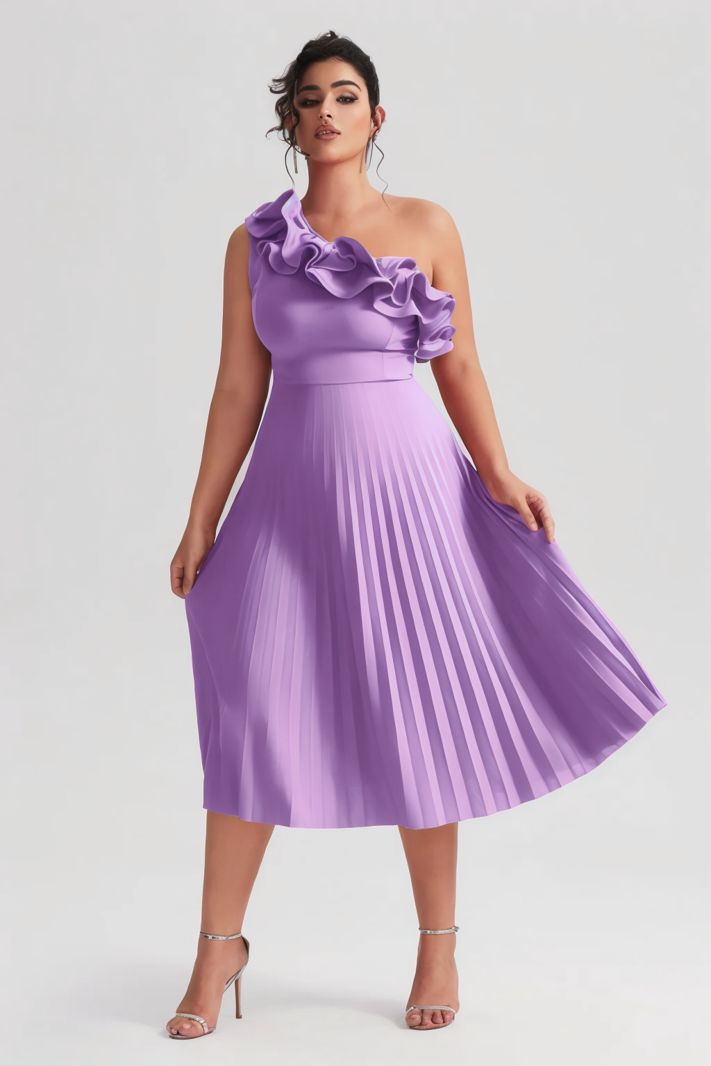 Valeria Curvy™  | Vestido Midi Plisado de Un Hombro con Volantes