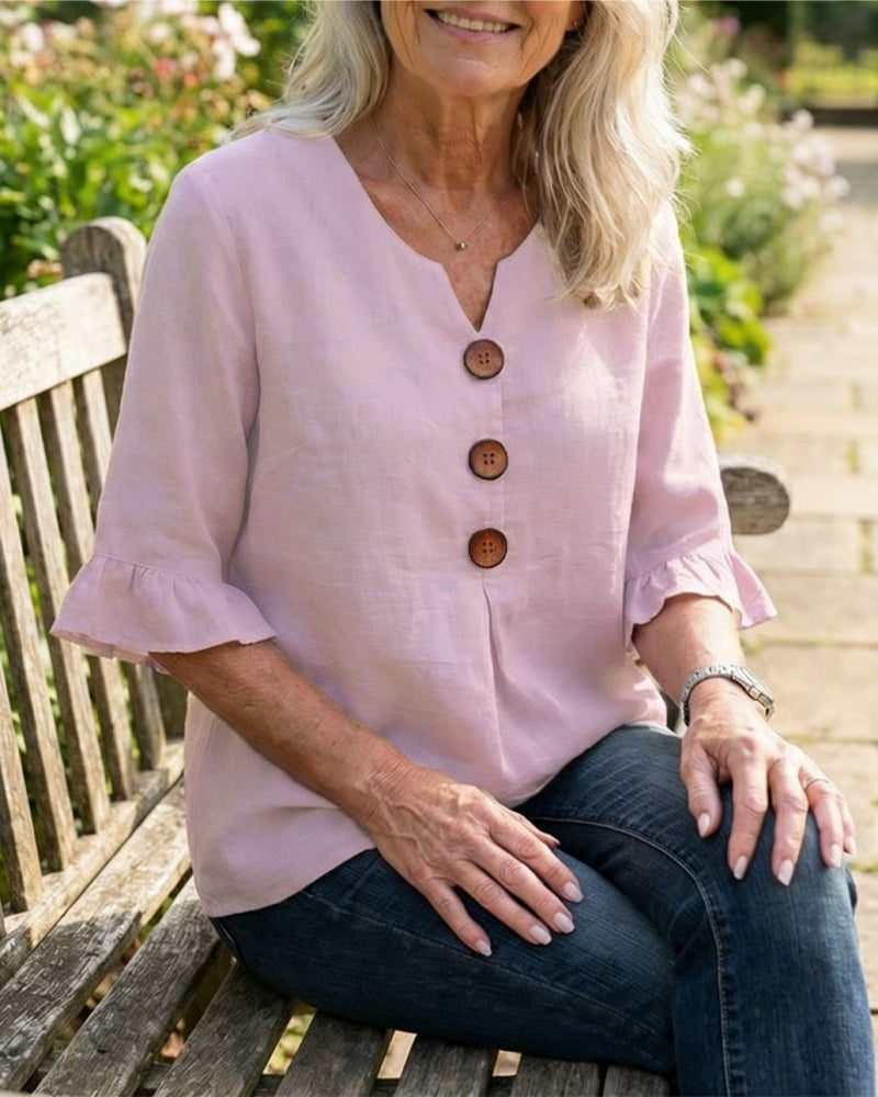 Sofía | Blusa lisa de algodón y lino con botones de madera y volantes
