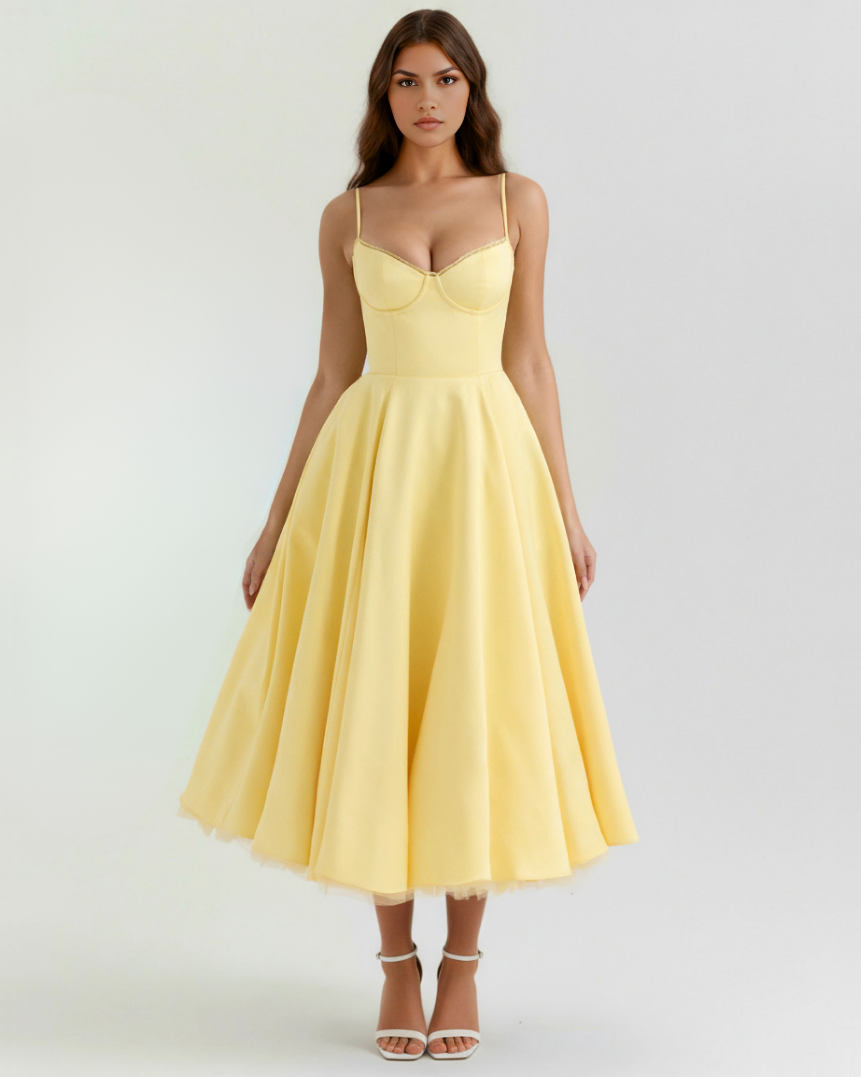 Selene | Vestido midi amarillo mantequilla con capas de tul y bolsillos secretos
