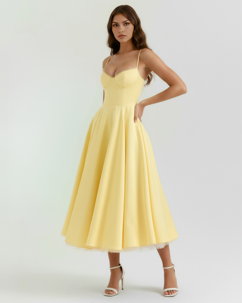 Selene | Vestido midi amarillo mantequilla con capas de tul y bolsillos secretos