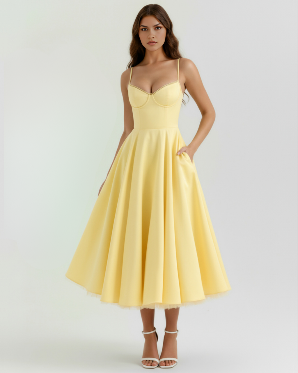 Selene | Vestido midi amarillo mantequilla con capas de tul y bolsillos secretos