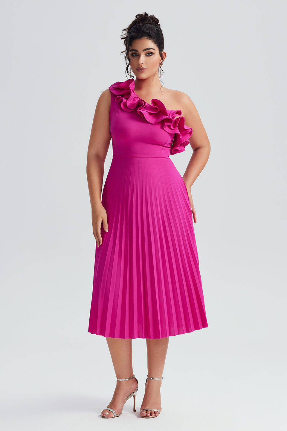 Valeria Curvy™  | Vestido Midi Plisado de Un Hombro con Volantes