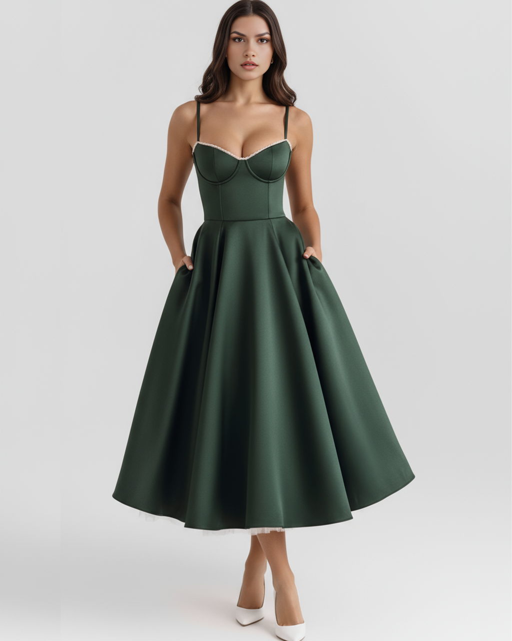 Selene | Vestido midi verde bosque con capas de tul y bolsillos secretos