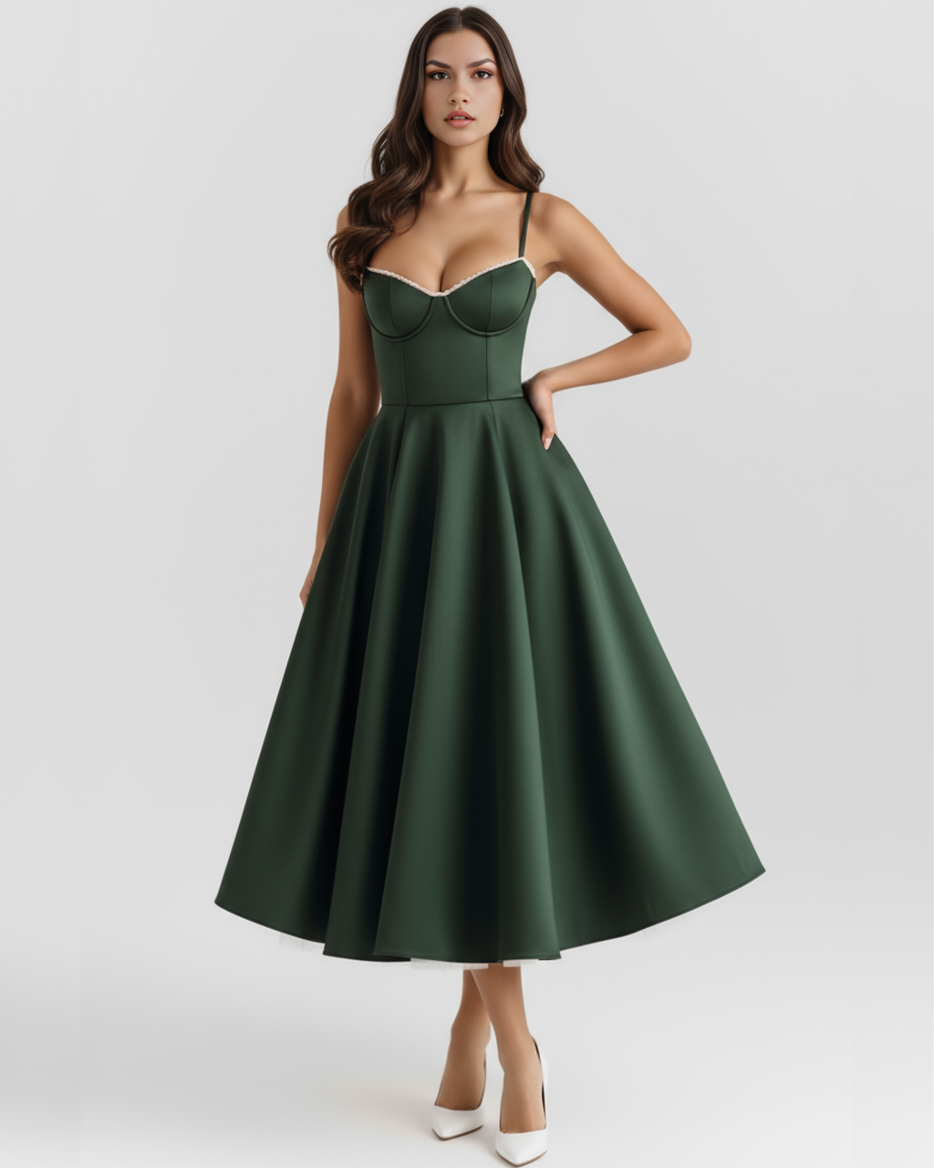 Selene | Vestido midi verde bosque con capas de tul y bolsillos secretos