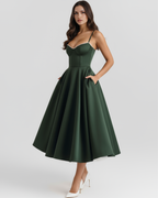 Selene | Vestido midi verde bosque con capas de tul y bolsillos secretos
