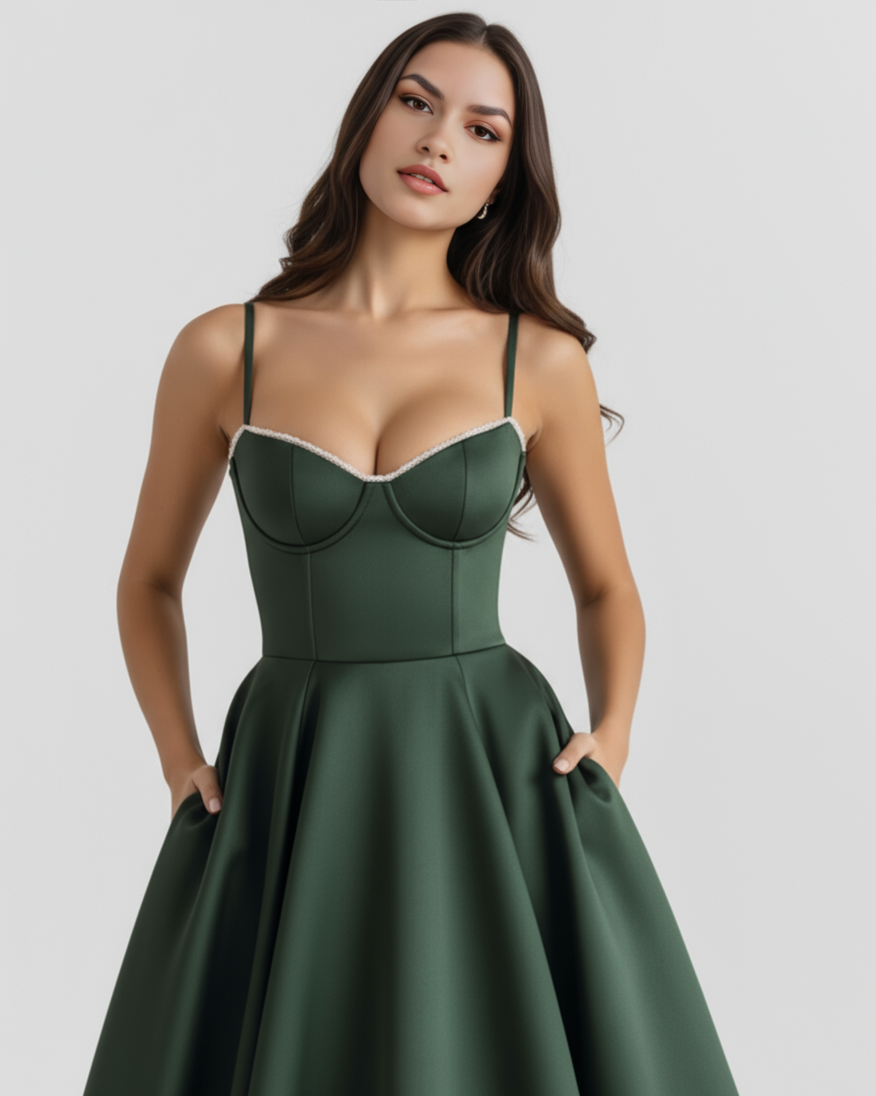 Selene | Vestido midi verde bosque con capas de tul y bolsillos secretos