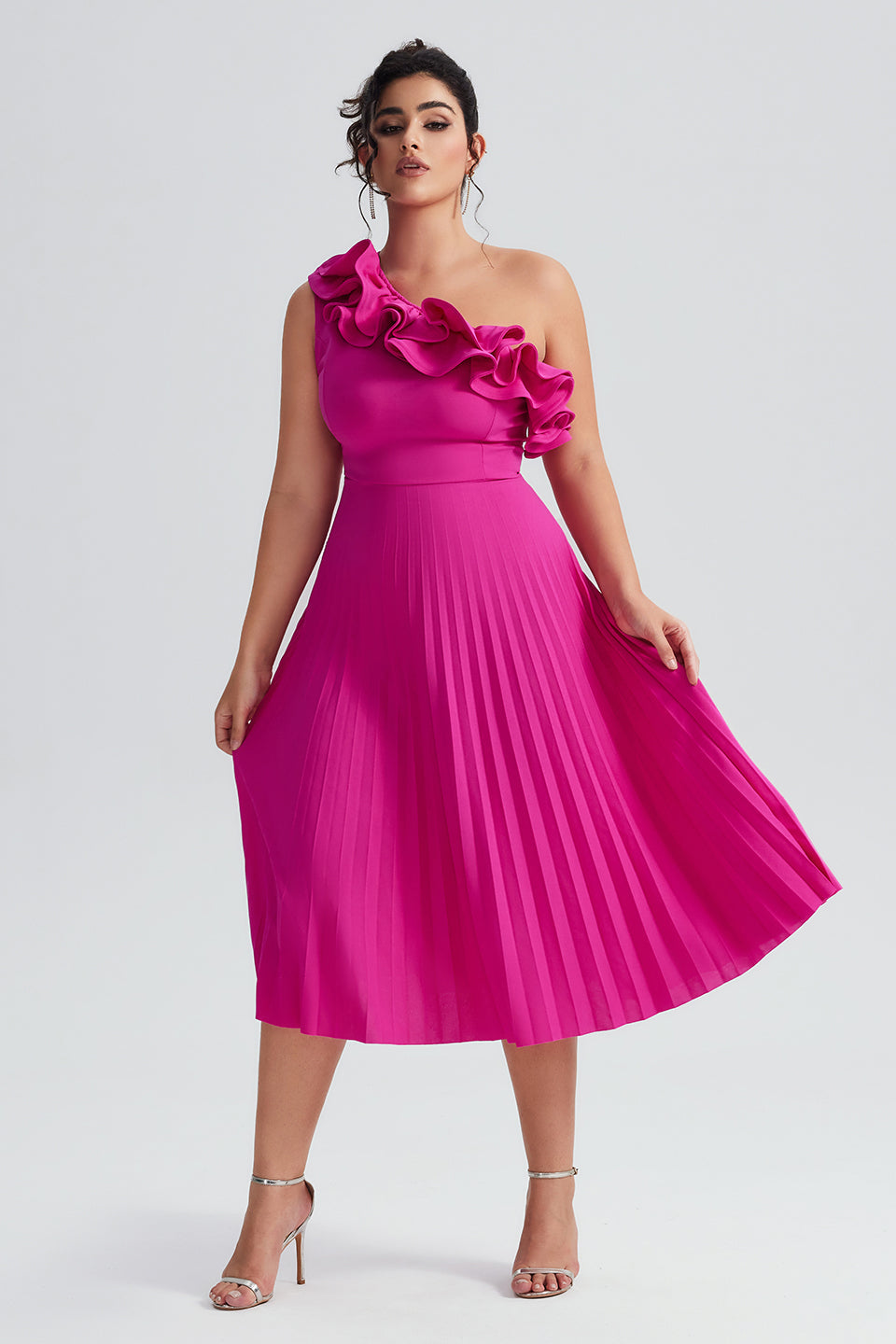 Valeria Curvy™  | Vestido Midi Plisado de Un Hombro con Volantes
