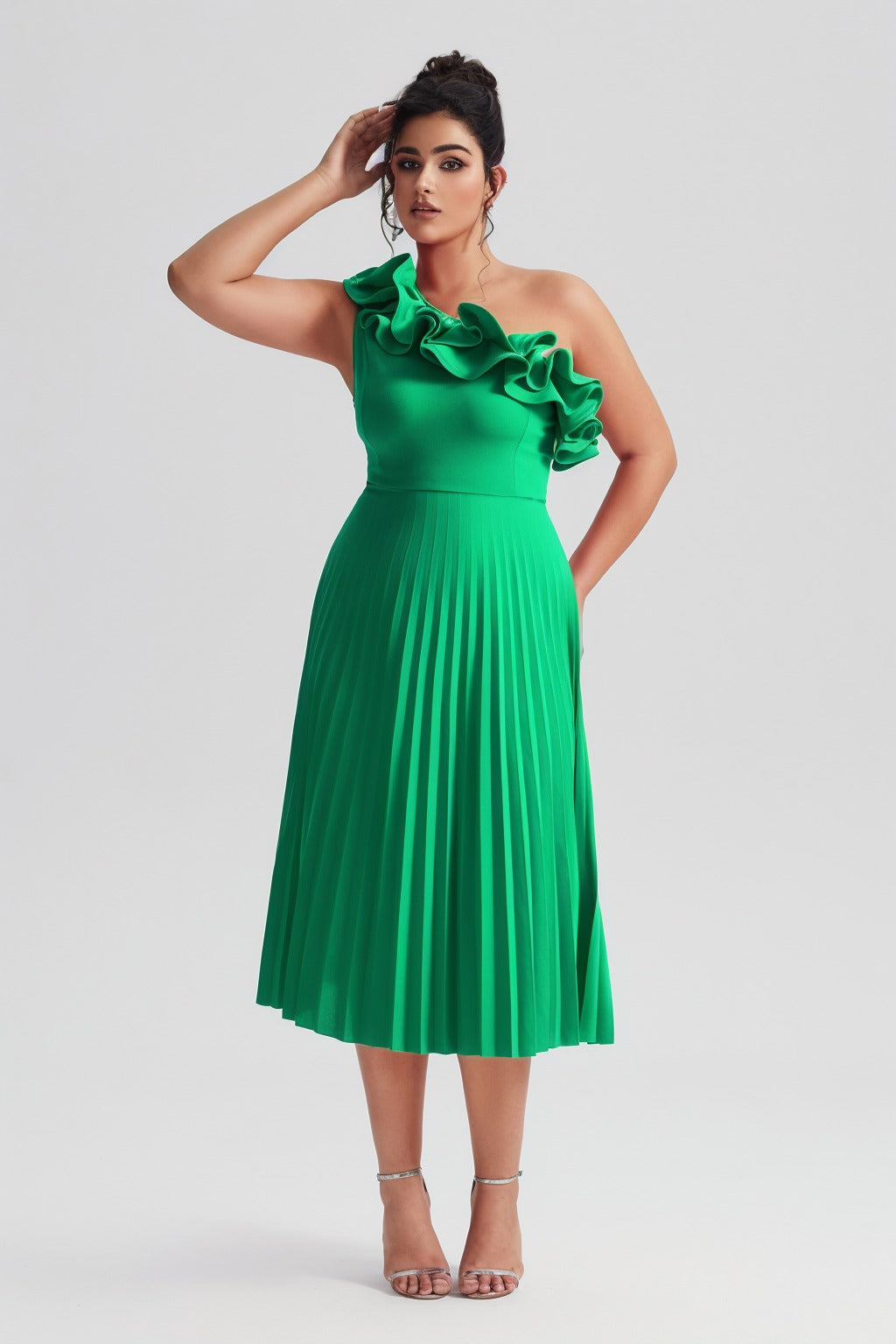 Valeria Curvy™  | Vestido Midi Plisado de Un Hombro con Volantes