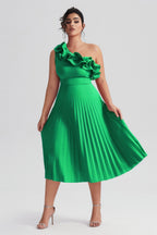 Valeria Curvy™  | Vestido Midi Plisado de Un Hombro con Volantes