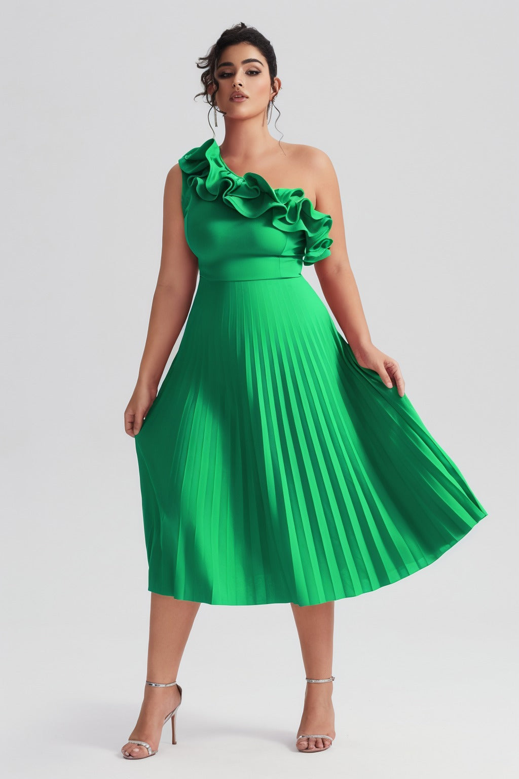 Valeria Curvy™  | Vestido Midi Plisado de Un Hombro con Volantes