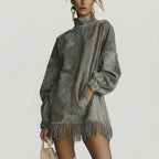 ADELA™ | Vestido de cuello alto de ante con flecos