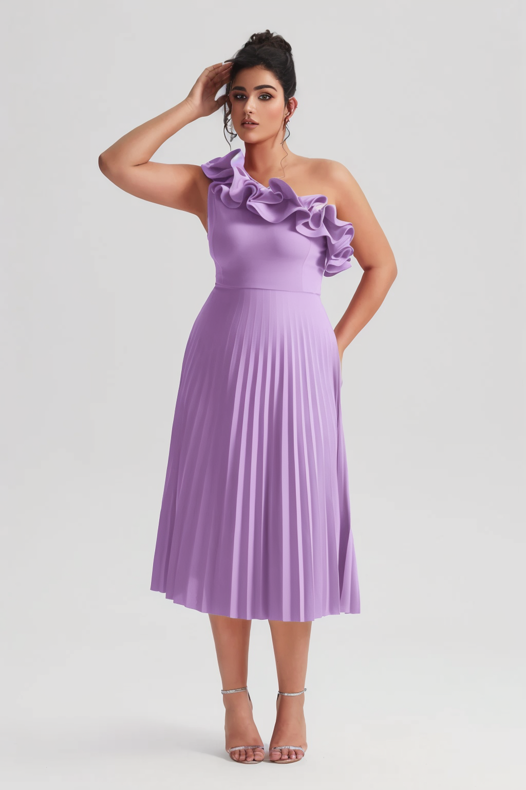 Valeria Curvy™  | Vestido Midi Plisado de Un Hombro con Volantes