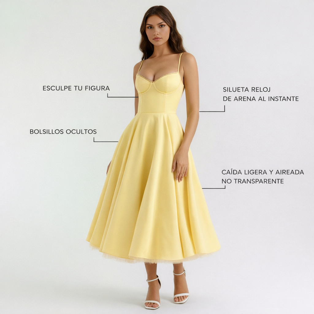 Selene | Vestido midi amarillo mantequilla con capas de tul y bolsillos secretos
