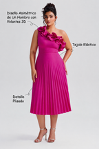 Valeria Curvy™  | Vestido Midi Plisado de Un Hombro con Volantes