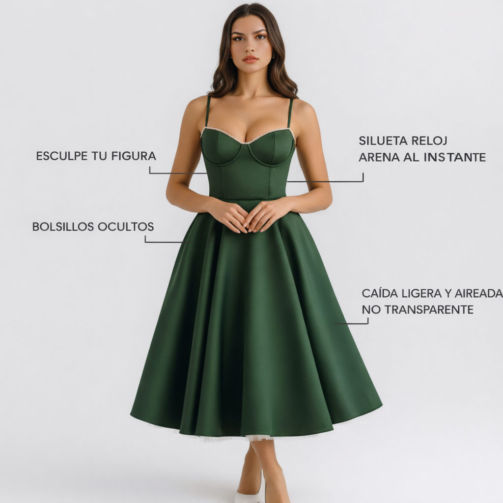 Selene | Vestido midi verde bosque con capas de tul y bolsillos secretos