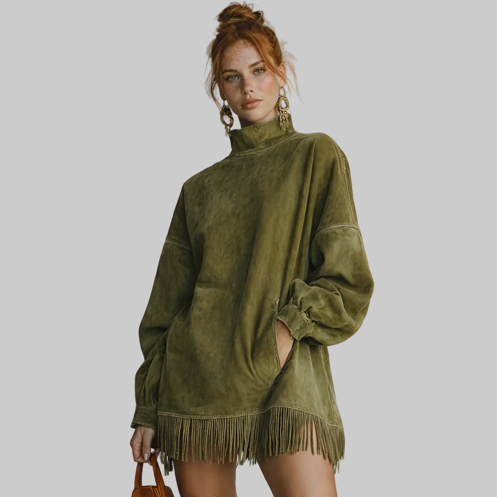 ADELA™ | Vestido de cuello alto de ante con flecos