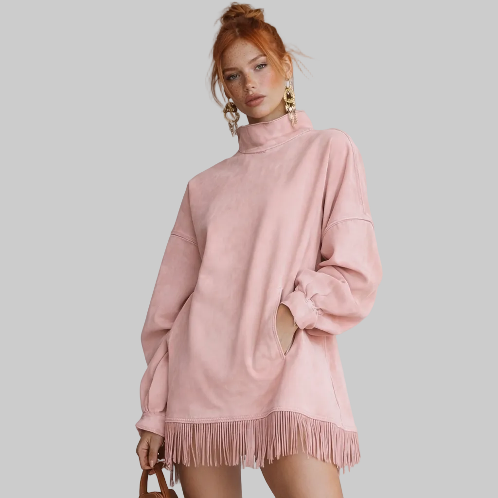 ADELA™ | Vestido de cuello alto de ante con flecos