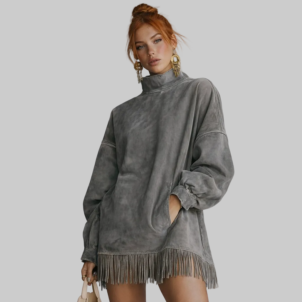 ADELA™ | Vestido de cuello alto de ante con flecos