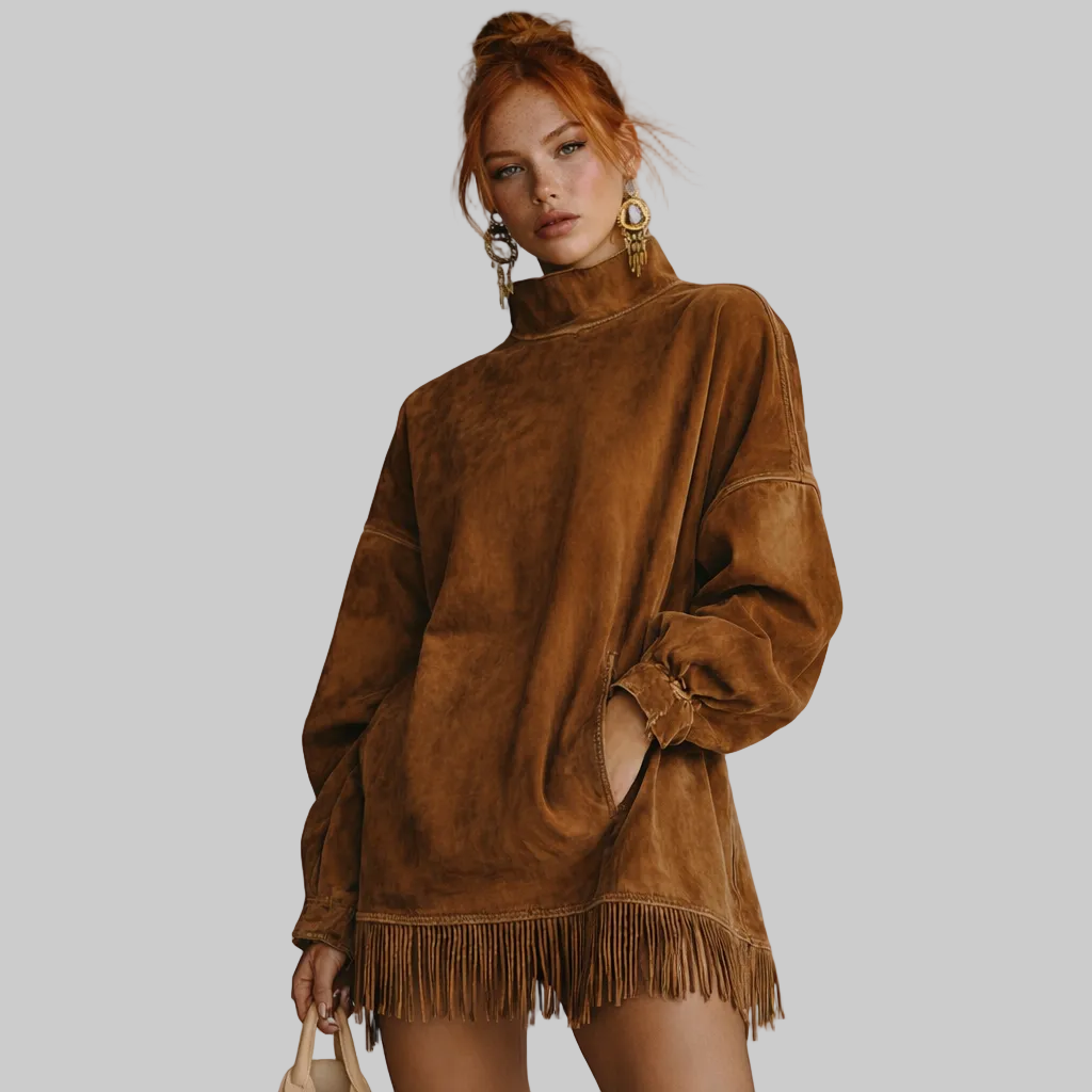 ADELA™ | Vestido de cuello alto de ante con flecos