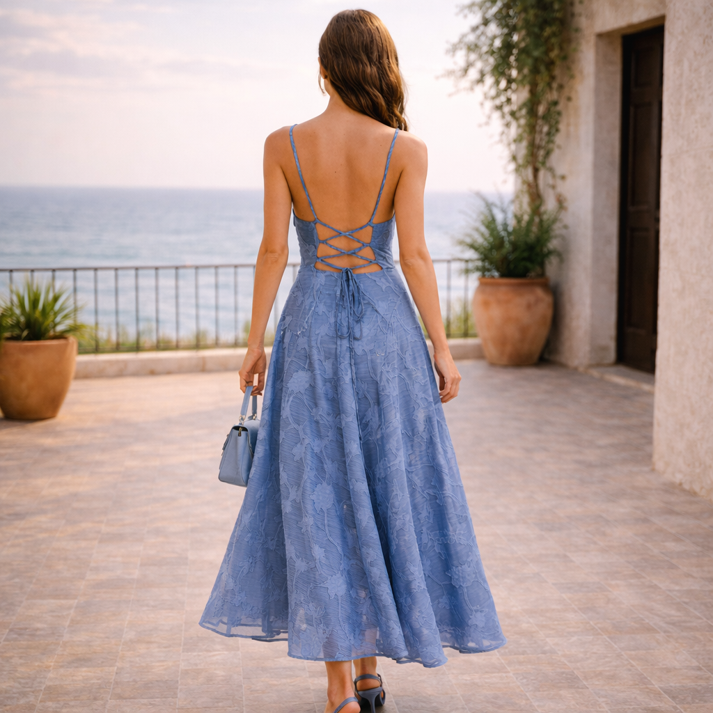 VESTIDO FLORENCIA™ | Delicadeza floral en azul empolvado