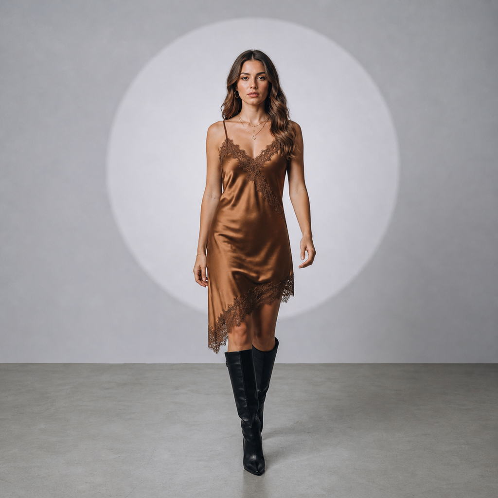 Noa™ | Vestido Lencero Satinado con Encaje Negro