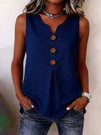 Sofía - Blusa lisa de algodón y lino con botones de madera y volantes