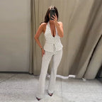 Conjunto Retro Moderno de Puntos con Top Halter de Escote en V Profundo y Pantalones Acampanados para Mujer, Atuendo Clásico y Elegante para Fiestas