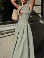 MUJER-vestido largo con cremallera para mujer, vestido ceñido plisado sin mangas, vestidos de fiesta elegantes de verano para mujer, nuevos vestidos por debajo de la rodilla 2025