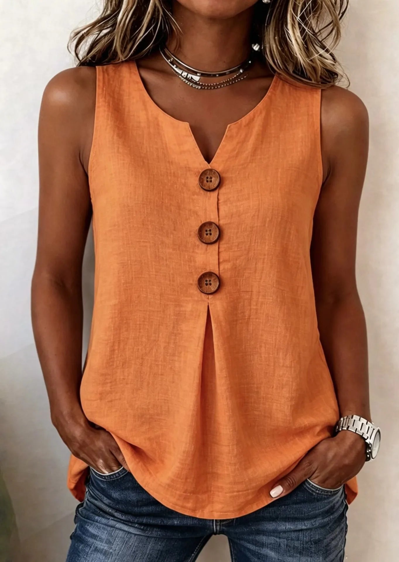 Sofía - Blusa lisa de algodón y lino con botones de madera y volantes