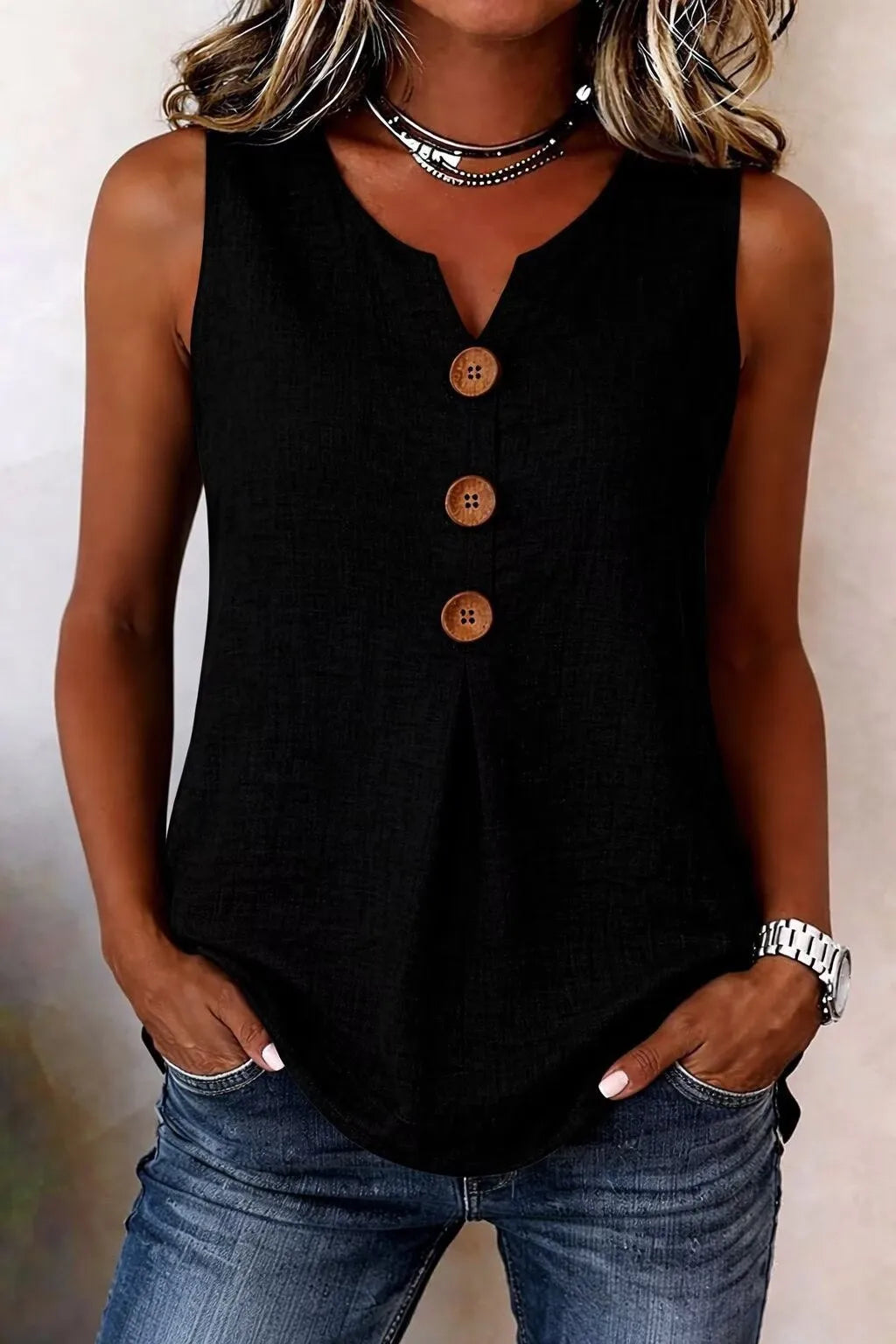 Sofía - Blusa lisa de algodón y lino con botones de madera y volantes