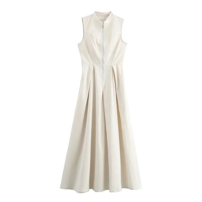 MUJER-vestido largo con cremallera para mujer, vestido ceñido plisado sin mangas, vestidos de fiesta elegantes de verano para mujer, nuevos vestidos por debajo de la rodilla 2025
