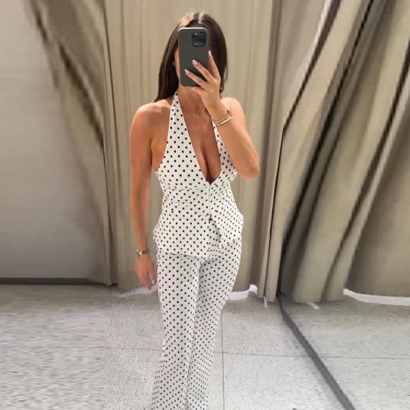 Conjunto Retro Moderno de Puntos con Top Halter de Escote en V Profundo y Pantalones Acampanados para Mujer, Atuendo Clásico y Elegante para Fiestas