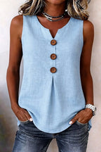 Sofía - Blusa lisa de algodón y lino con botones de madera y volantes
