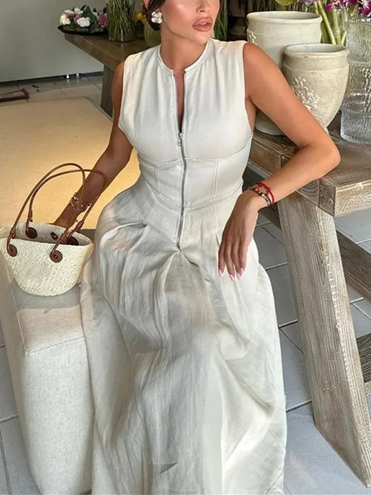 MUJER-vestido largo con cremallera para mujer, vestido ceñido plisado sin mangas, vestidos de fiesta elegantes de verano para mujer, nuevos vestidos por debajo de la rodilla 2025