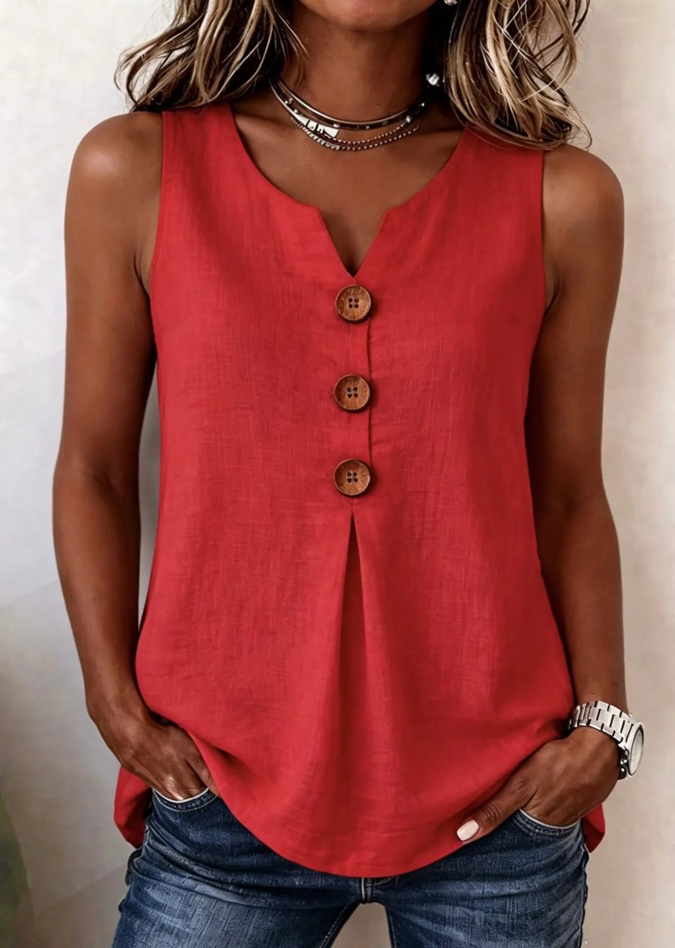 Sofía - Blusa lisa de algodón y lino con botones de madera y volantes
