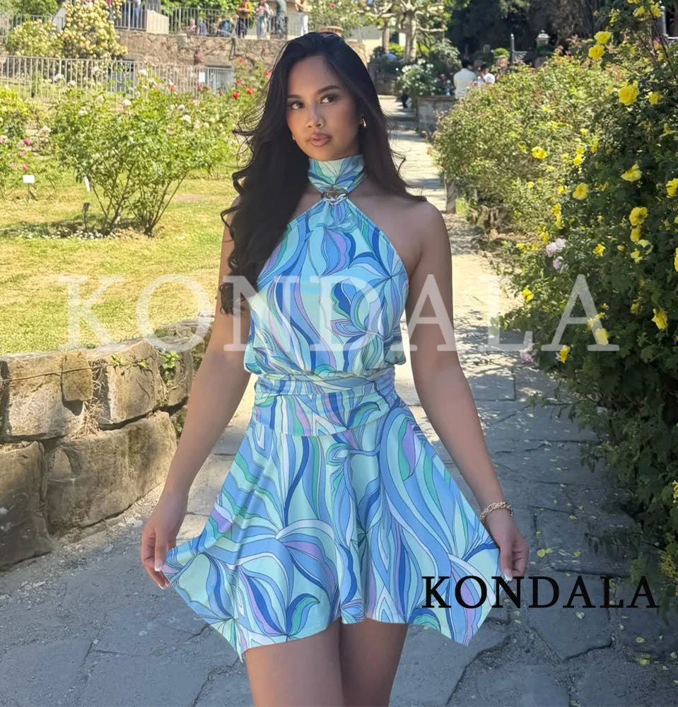 Vestido Mini Halter Estampado Chic de Verano para Mujer KONDALA 2026, Vestido Elegante sin Espalda para Vacaciones, Vestido Ajustado para Fiesta en la Playa
