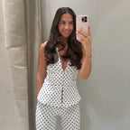 Conjunto Retro Moderno de Puntos con Top Halter de Escote en V Profundo y Pantalones Acampanados para Mujer, Atuendo Clásico y Elegante para Fiestas
