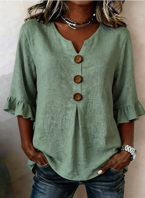 Sofía | Blusa lisa de algodón y lino con botones de madera y volantes