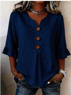 Sofía | Blusa lisa de algodón y lino con botones de madera y volantes