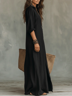 Soline™ | Abito Maxi Nero Lungo con Bottoni