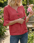 Sofía | Blusa lisa de algodón y lino con botones de madera y volantes