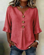 Sofía | Blusa lisa de algodón y lino con botones de madera y volantes