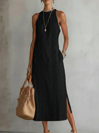 Jimena | Abito Midi in Lino con Collo Mao