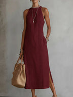 Jimena | Abito Midi in Lino con Collo Mao