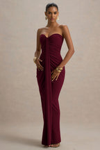 Graciela™ | Vestido Largo Burdeos con Escote Corazón, Drapeado y Lazo